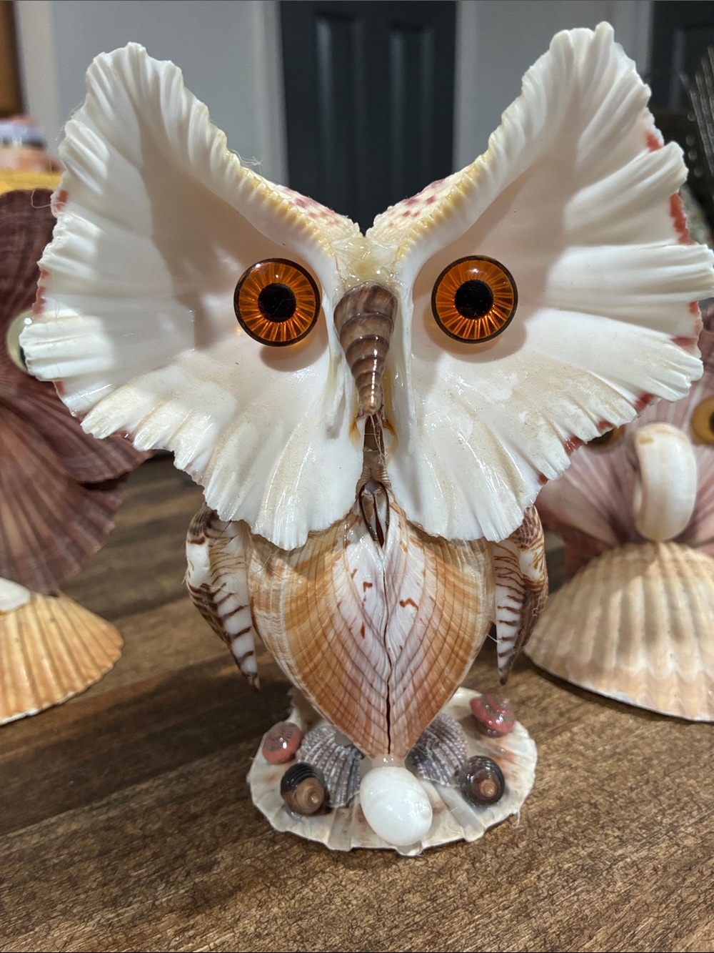 Vintage White and Brown Seashell Owl Accent
